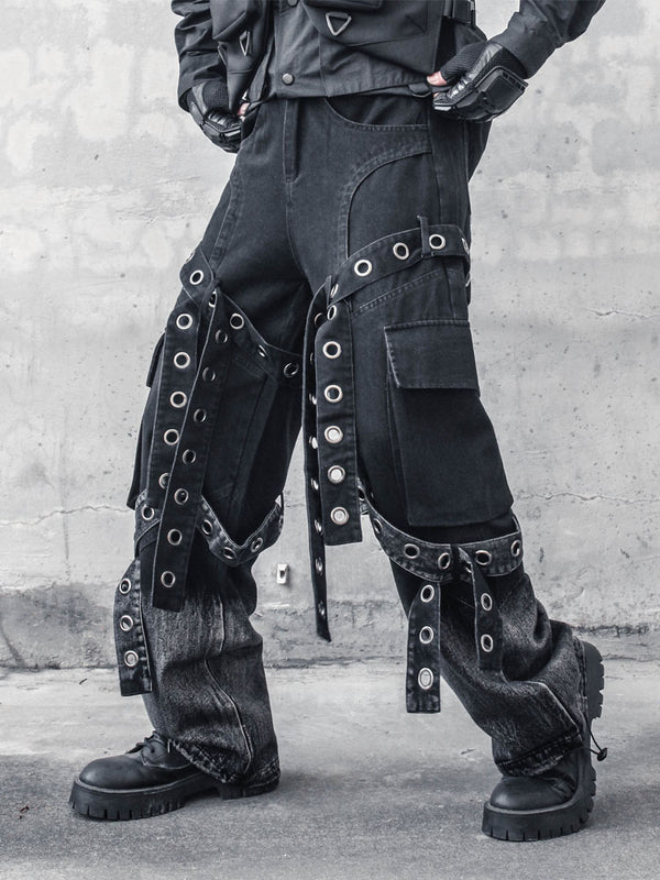 Studded Fringe Washed Denim Jeans