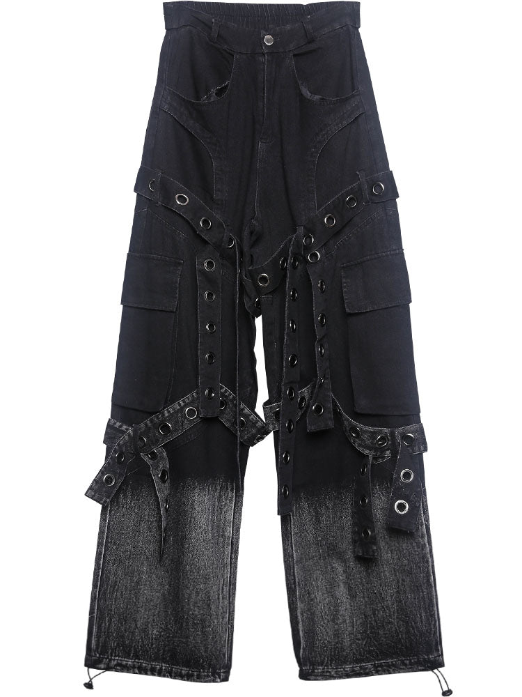 Studded Fringe Washed Denim Jeans