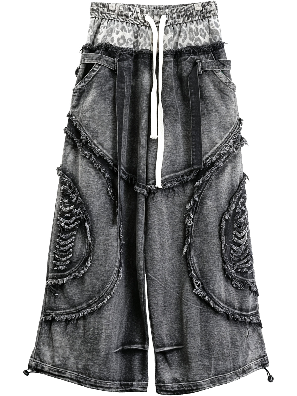 Leopard Patchwork Double-Waist Wide-Leg Jeans