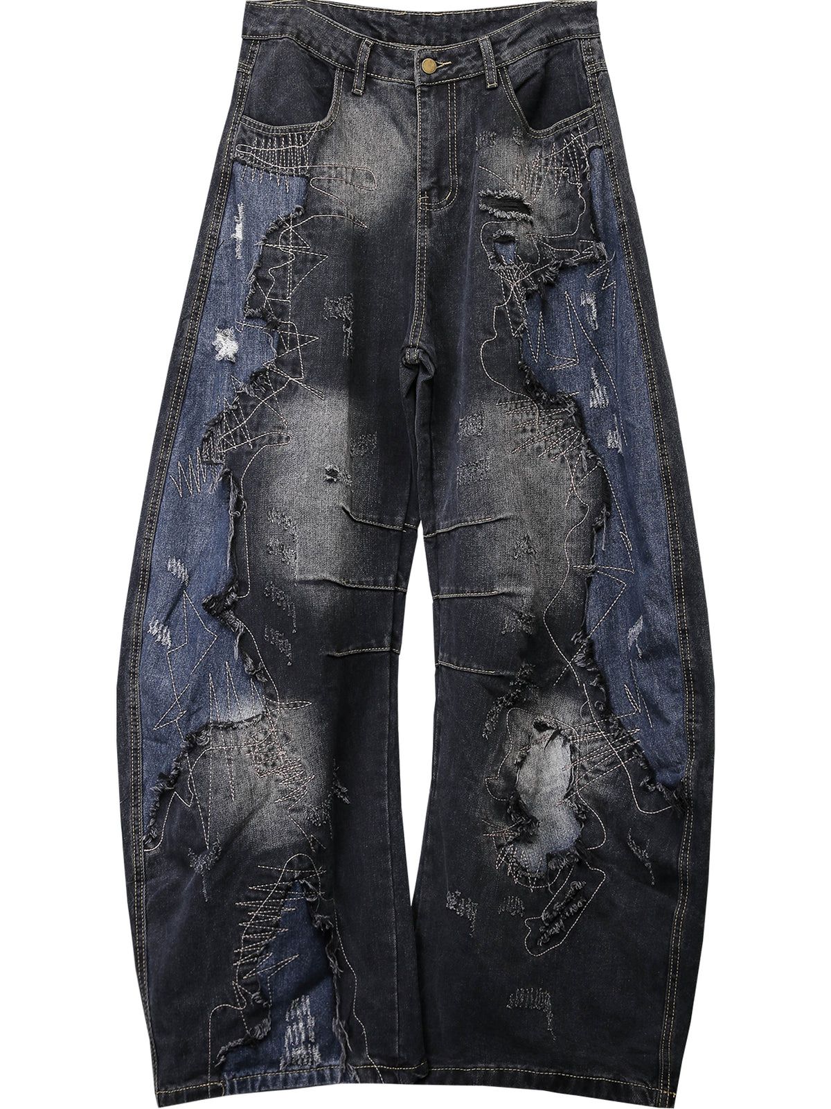 Patched Washed Distressed Wide-Leg Jeans