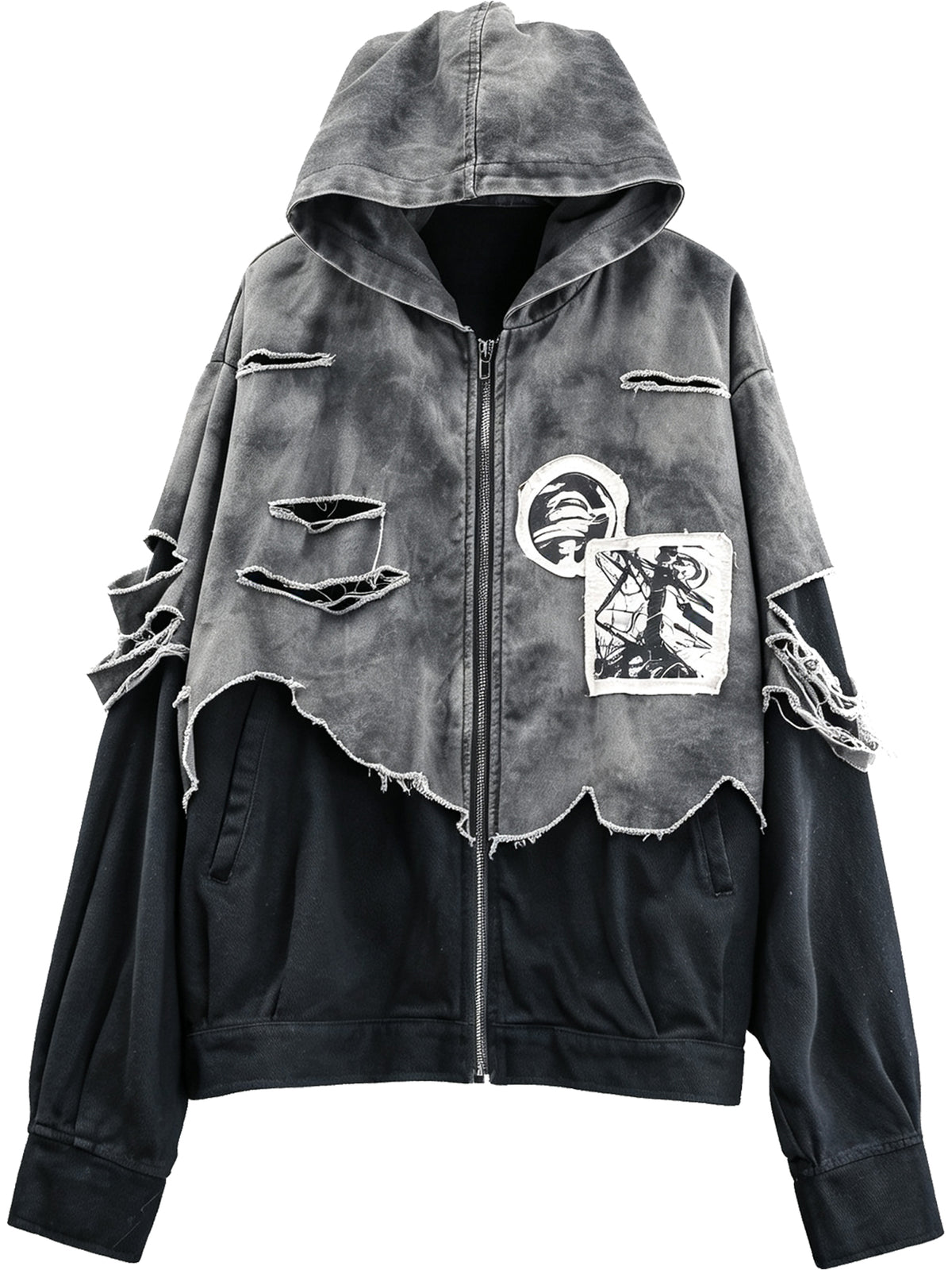 Distressed Patchwork Hooded Denim Jacket
