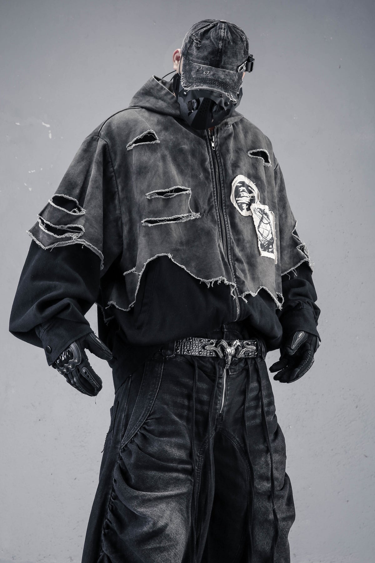 Distressed Patchwork Hooded Denim Jacket