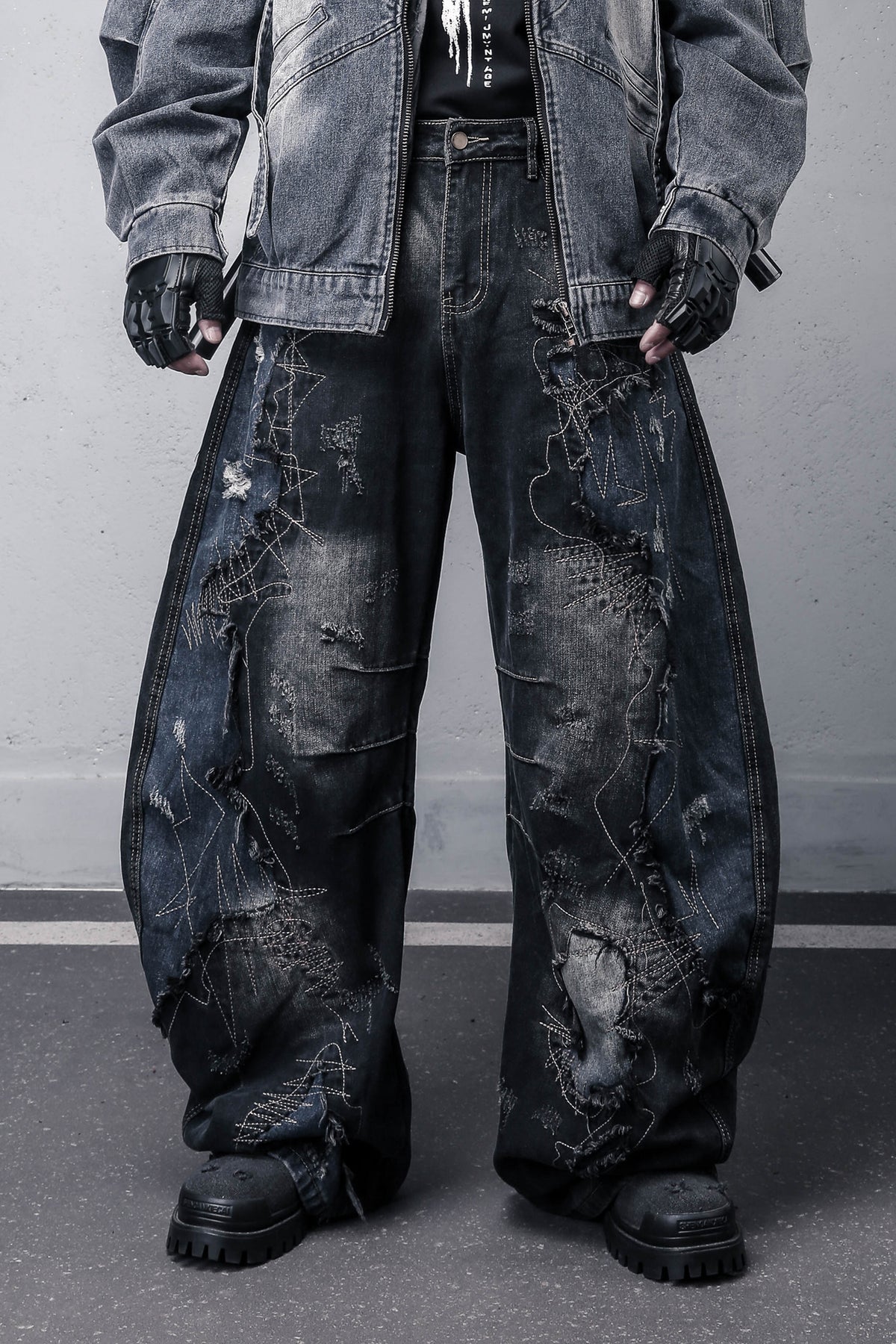 Patched Washed Distressed Wide-Leg Jeans