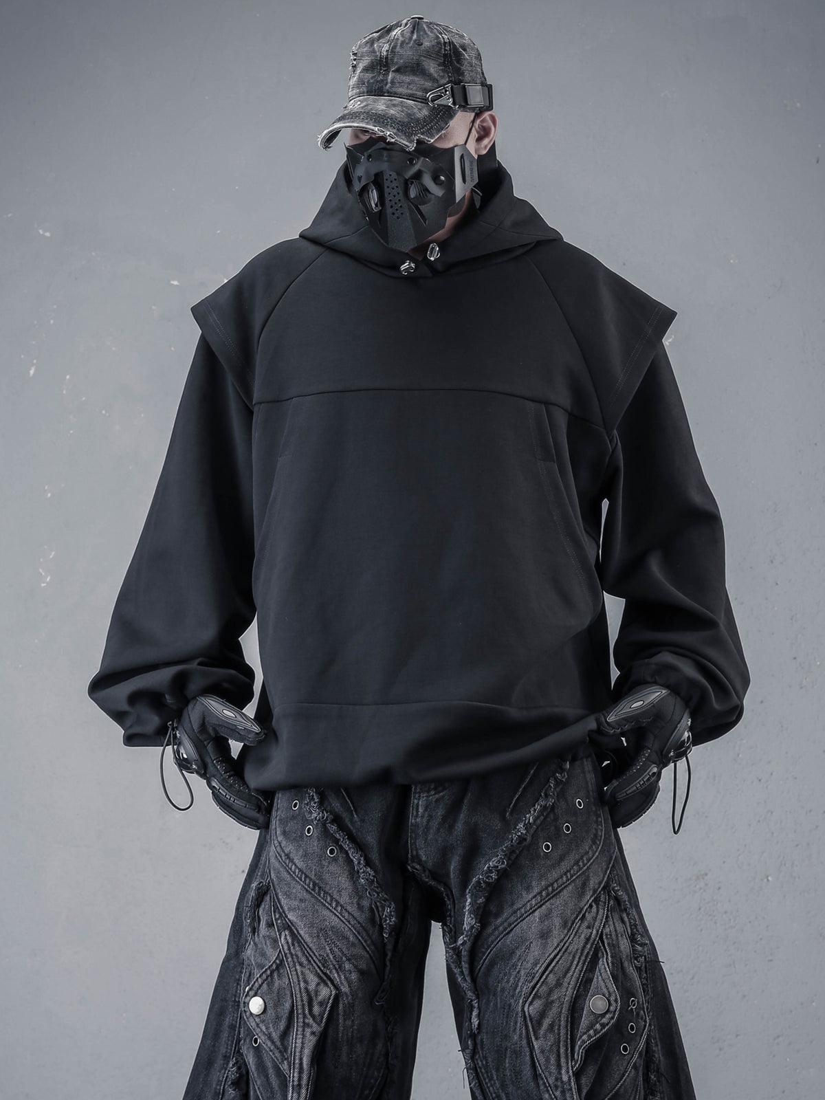 Dark Samurai Style Mock Layered Hoodie