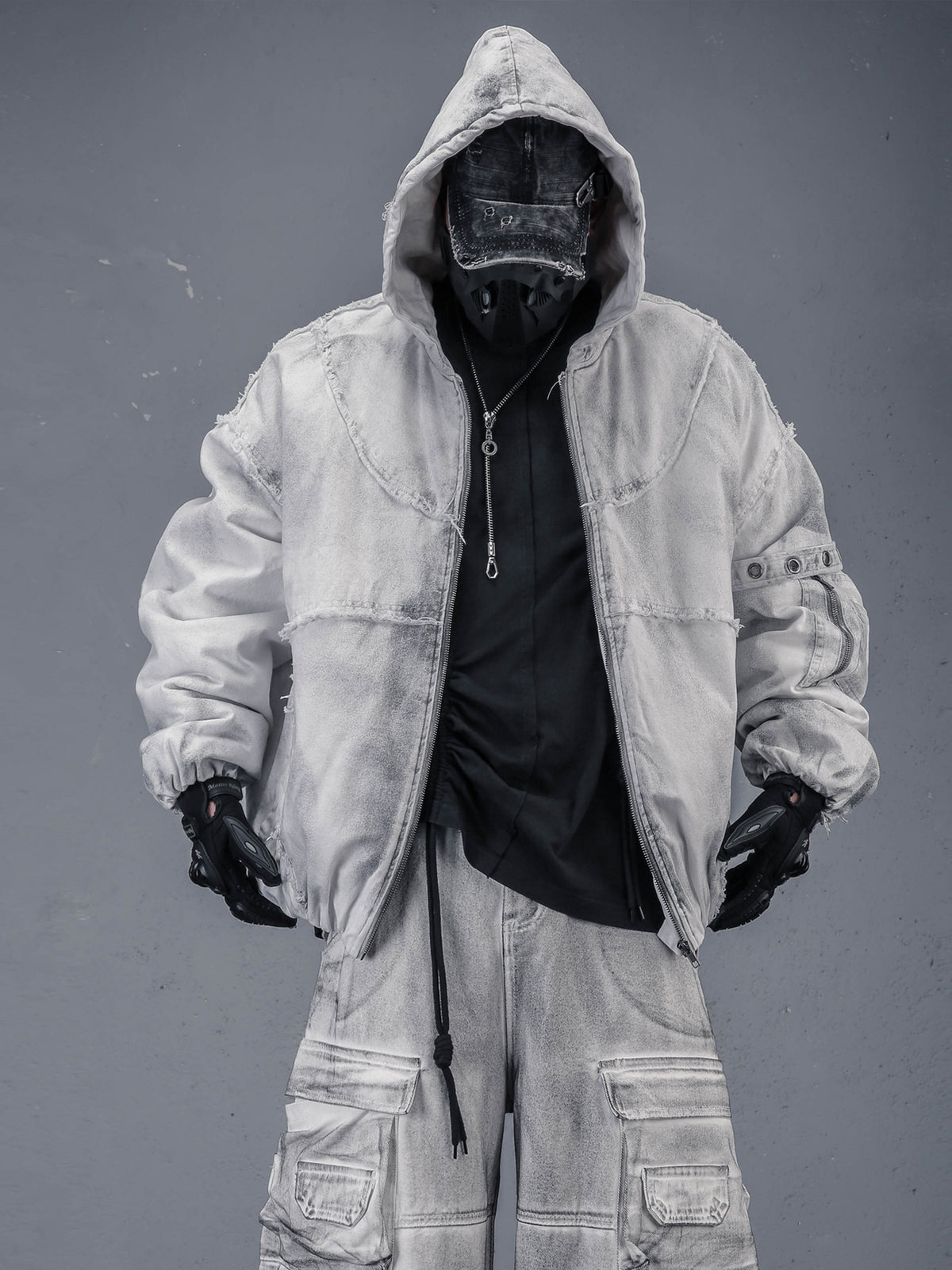 Washed Frayed Hem Oversized Puffer Jacket