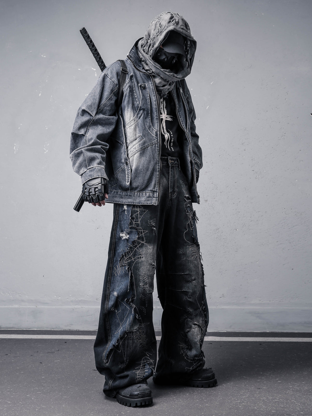 Patched Washed Distressed Wide-Leg Jeans