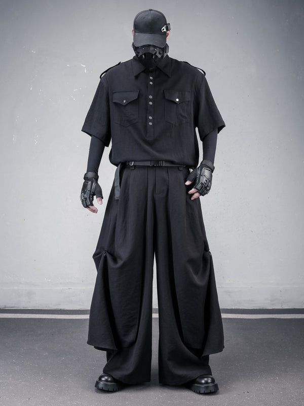 Dark Drawstring Wide-Leg Culotte Trousers