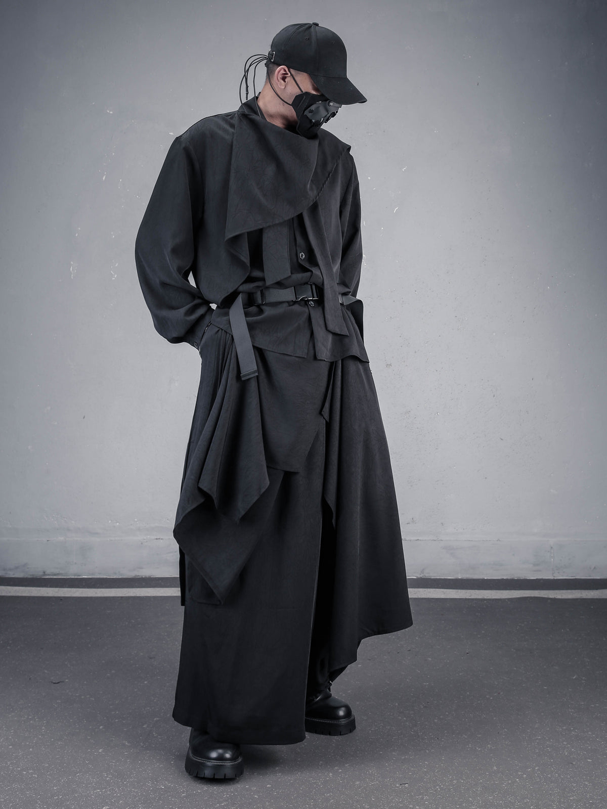 Asymmetric Scarf-Collar Long-Sleeve Shirt