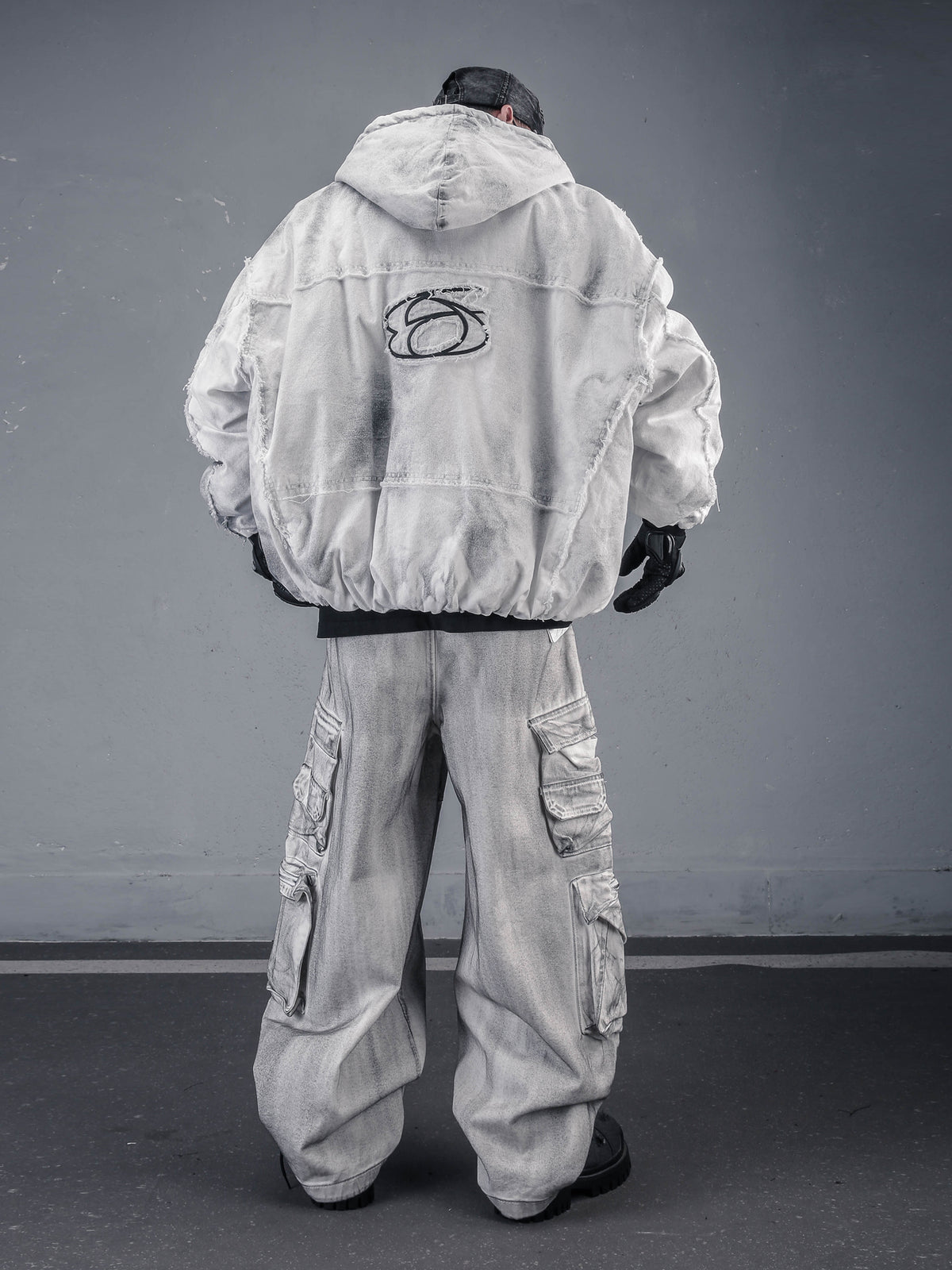 Washed Frayed Hem Oversized Puffer Jacket