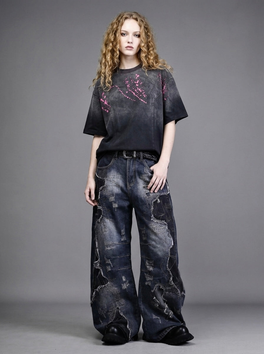 Patched Washed Distressed Wide-Leg Jeans