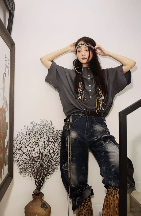 Patched Washed Distressed Wide-Leg Jeans