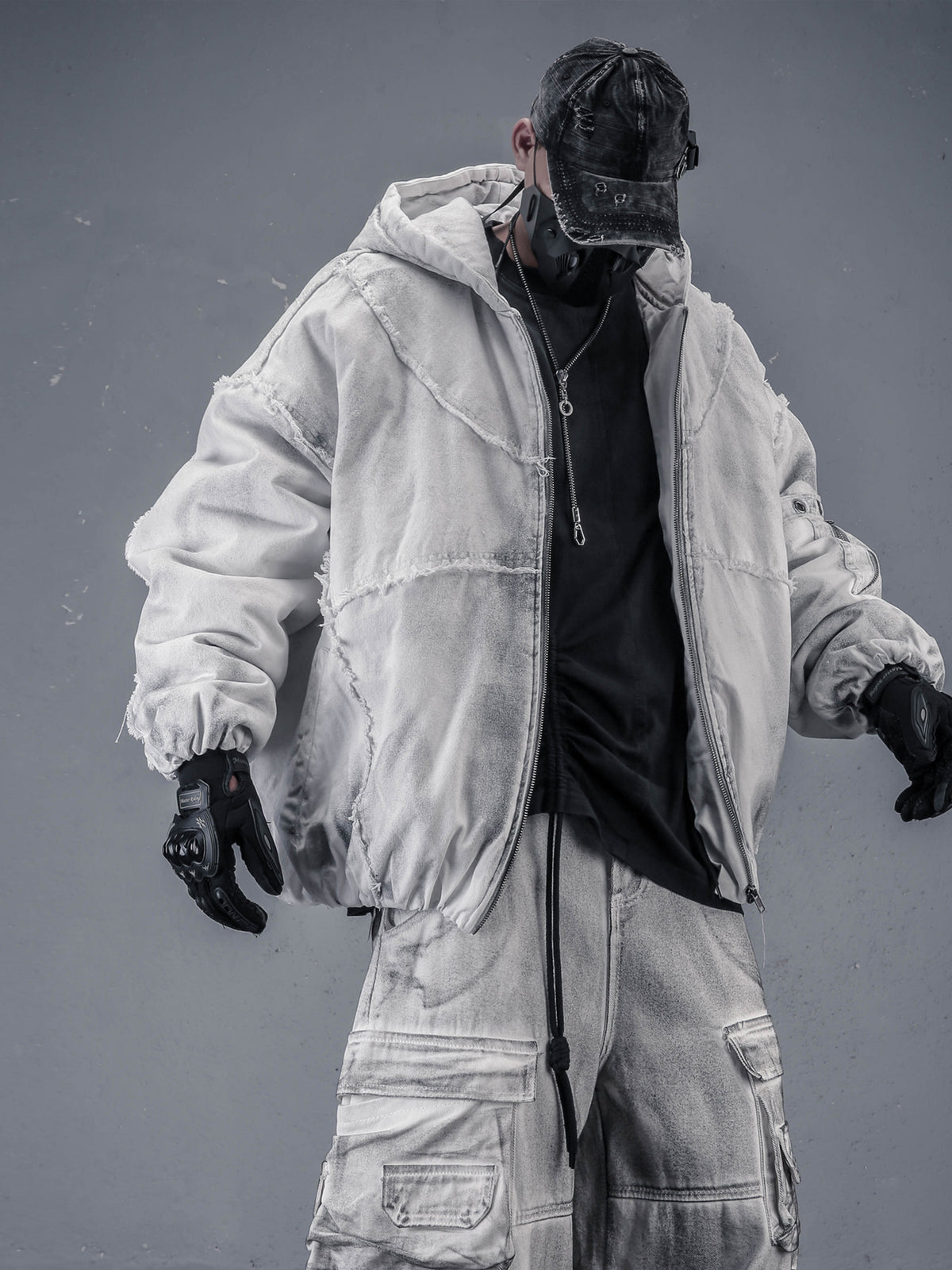 Washed Frayed Hem Oversized Puffer Jacket