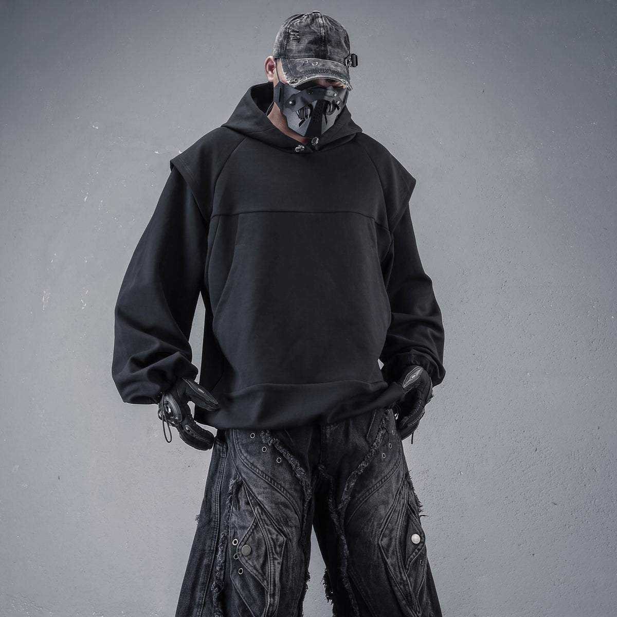 Dark Samurai Style Mock Layered Hoodie