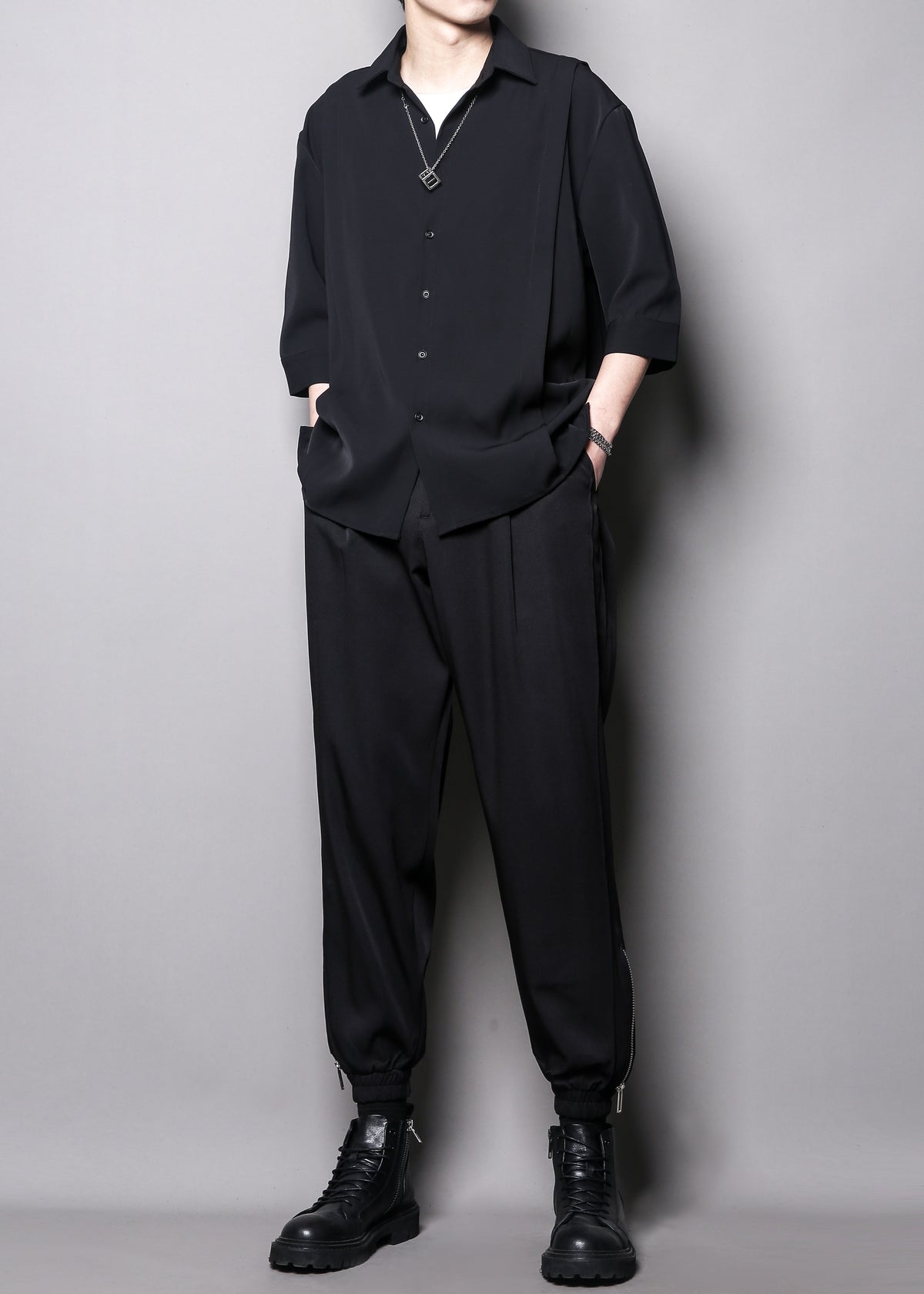 Japanese Minimal Patchwork Half-Sleeve Shirt