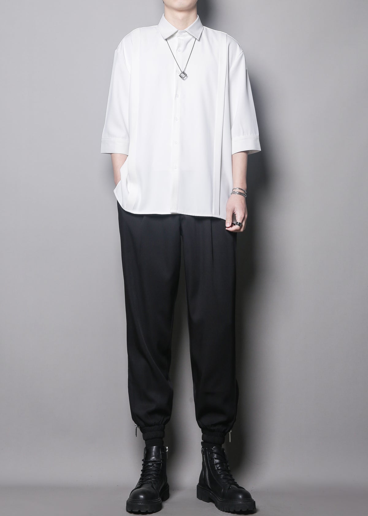 Japanese Minimal Patchwork Half-Sleeve Shirt