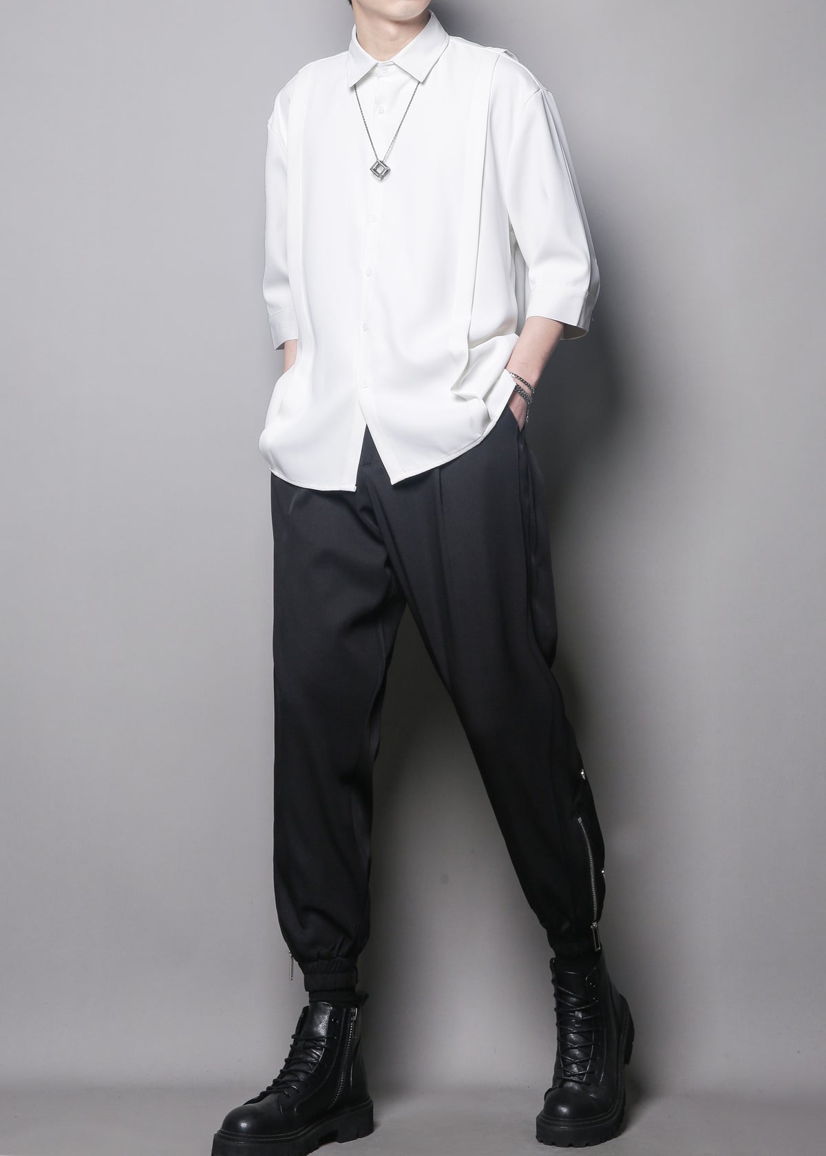 Japanese Minimal Patchwork Half-Sleeve Shirt