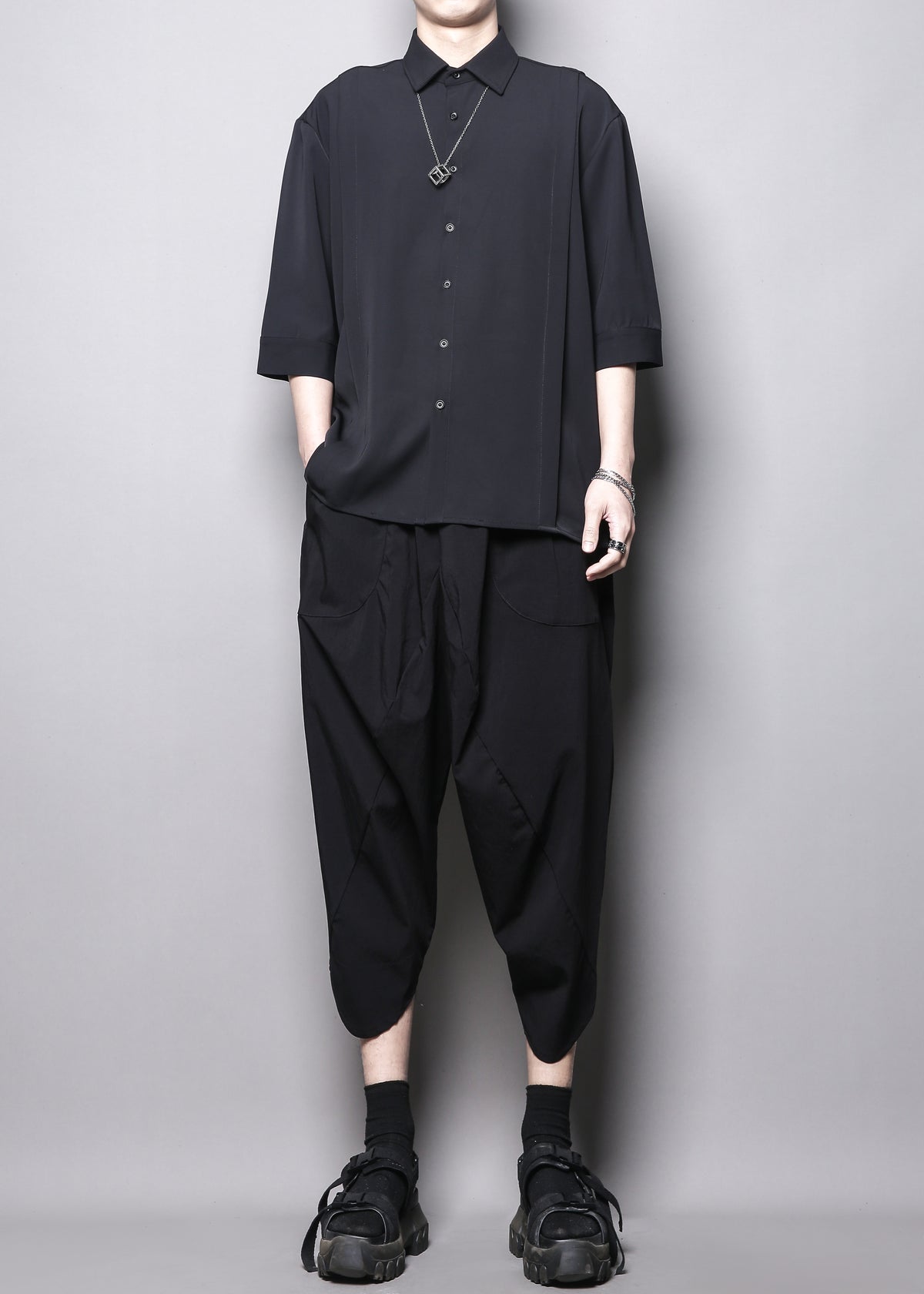 Japanese Minimal Patchwork Half-Sleeve Shirt