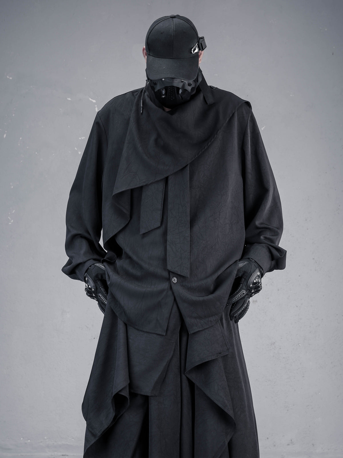 Asymmetric Scarf-Collar Long-Sleeve Shirt