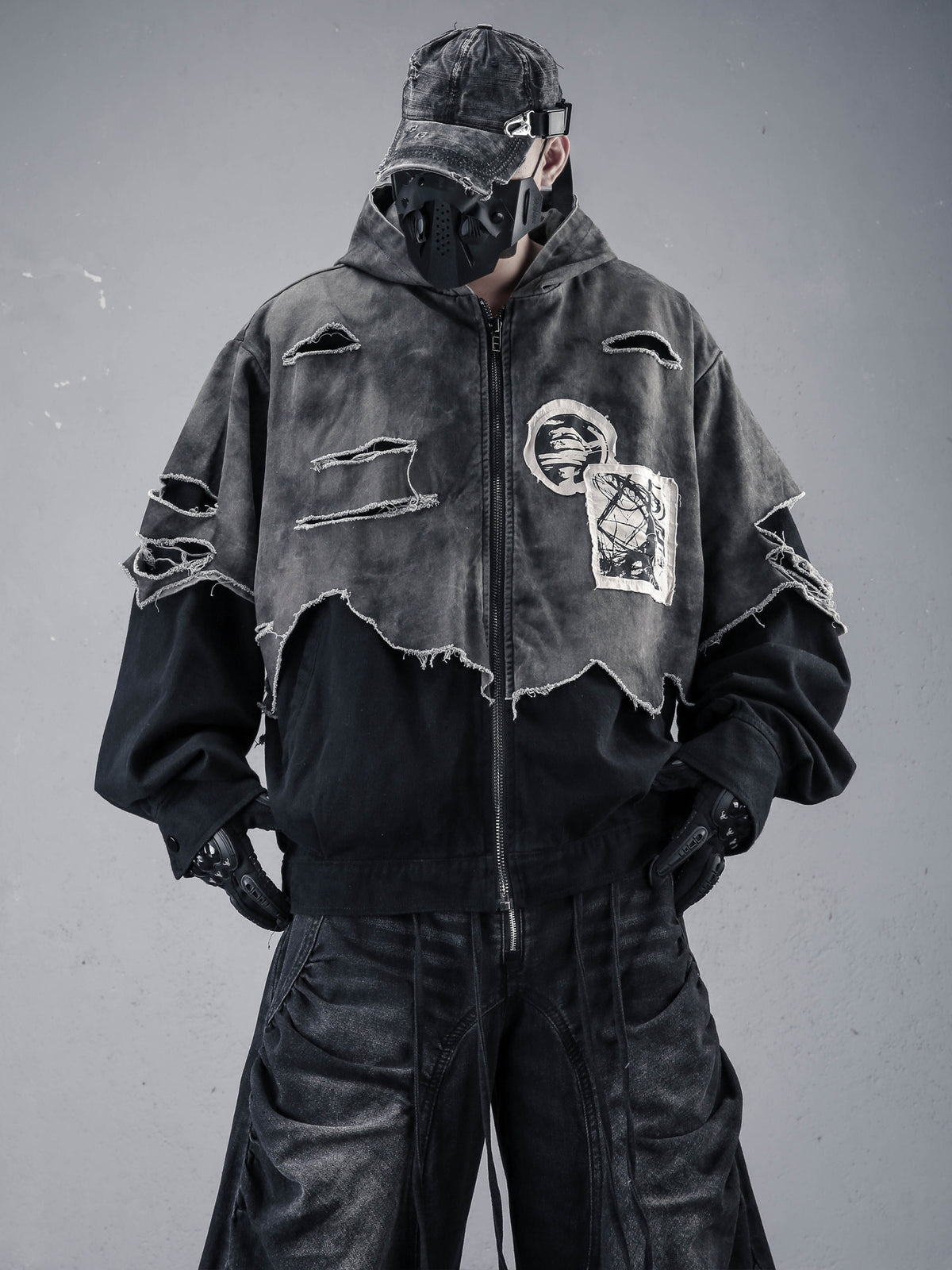 Distressed Patchwork Hooded Denim Jacket