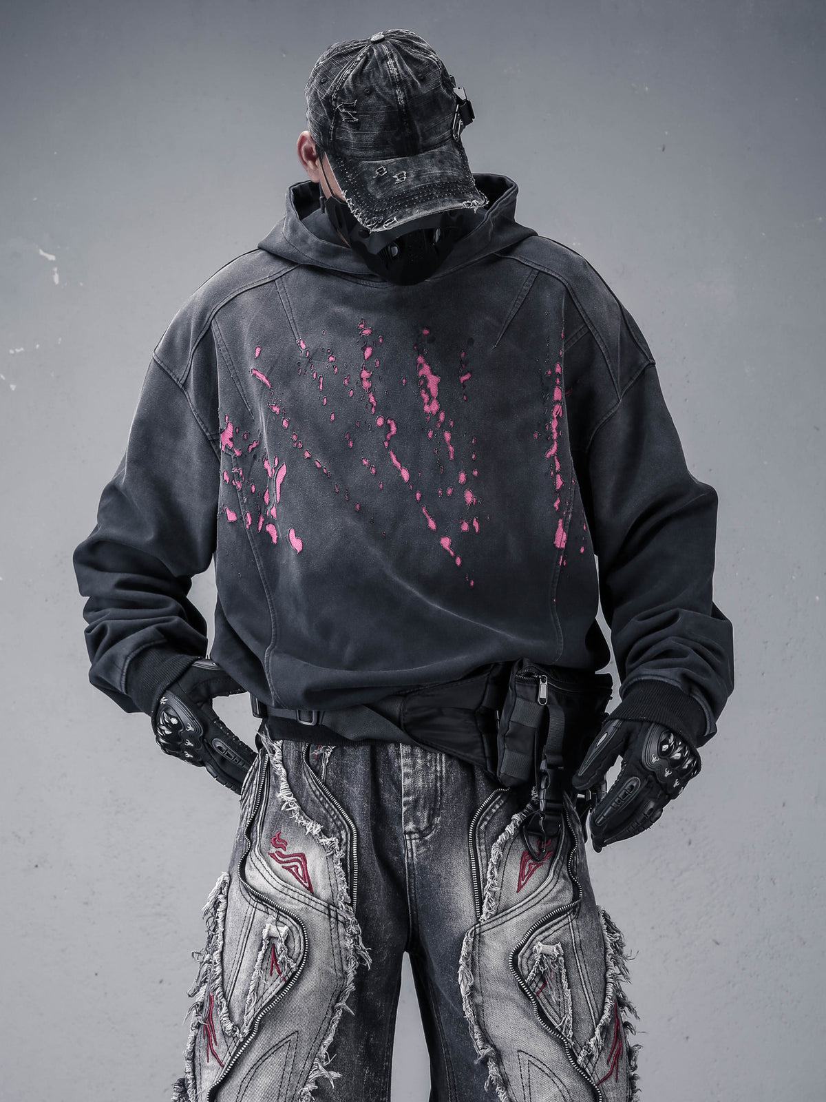 Washed Distressed Pullover Hoodie (f7287)
