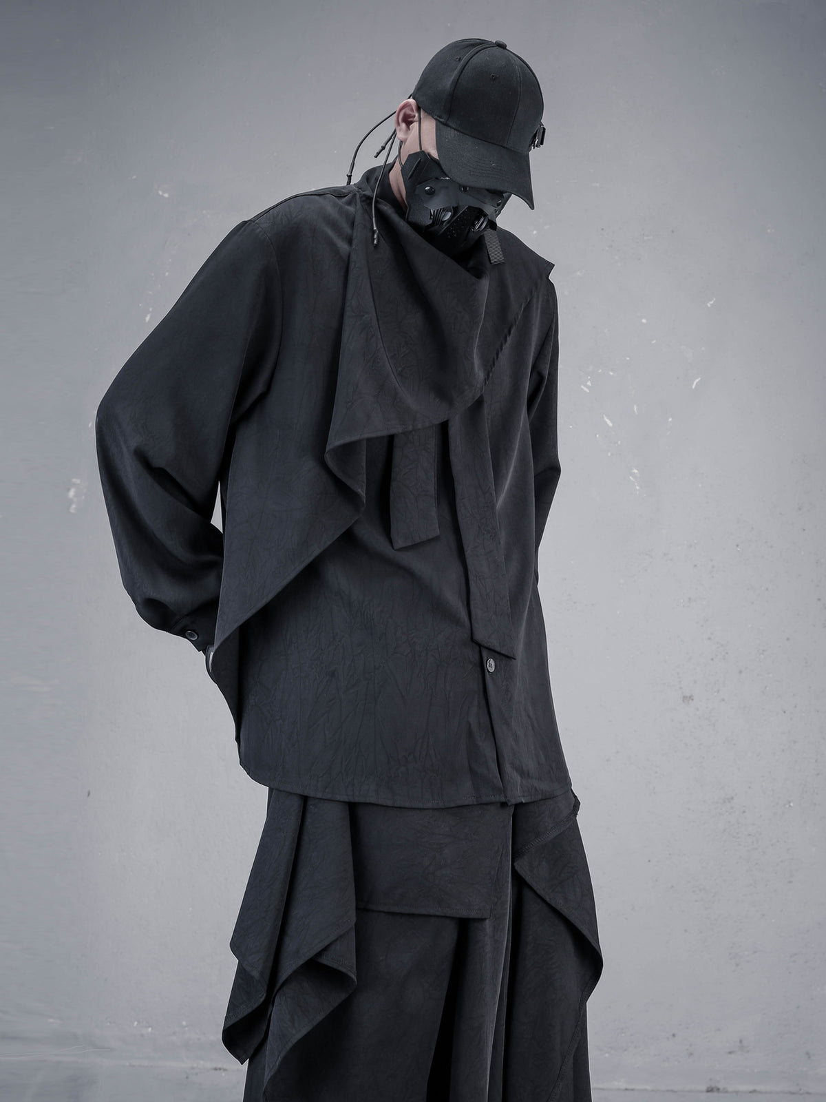 Asymmetric Scarf-Collar Long-Sleeve Shirt