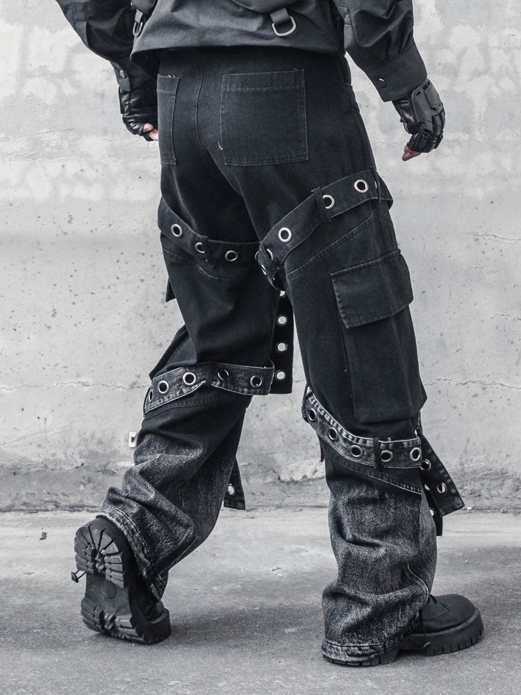Studded Fringe Washed Denim Jeans