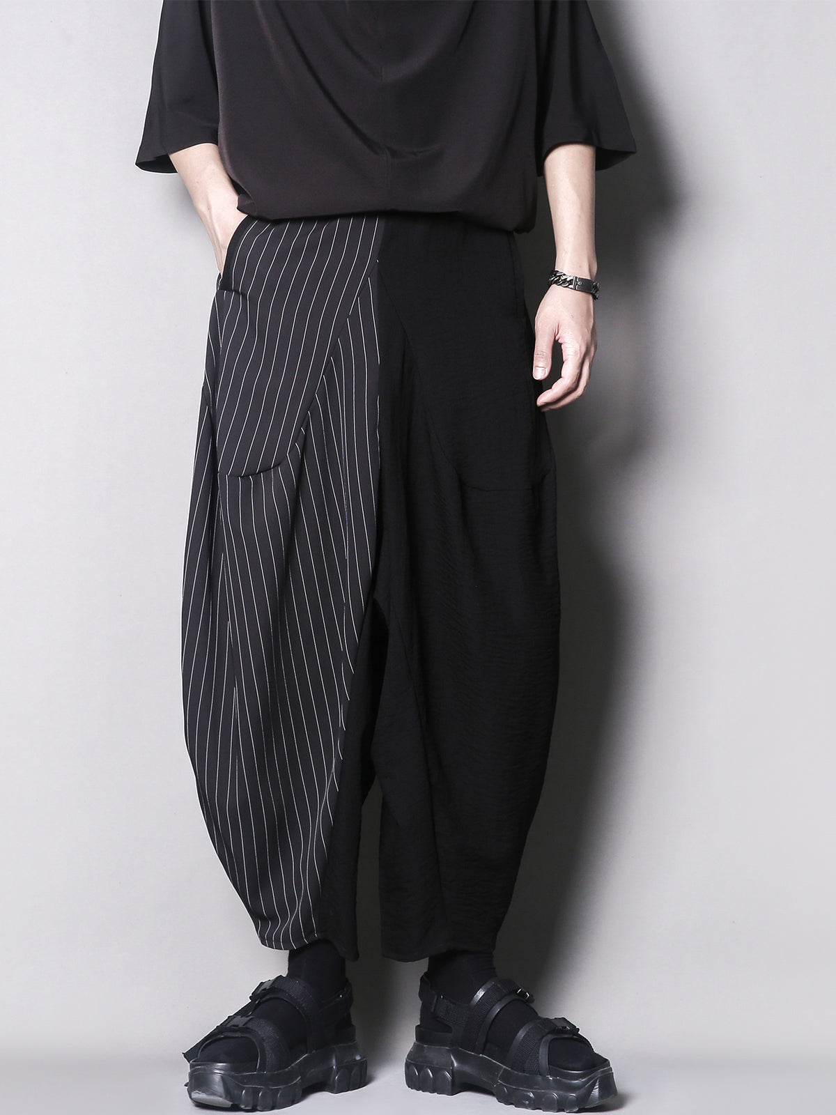 Stripe Patchwork Asymmetric Harem Trousers