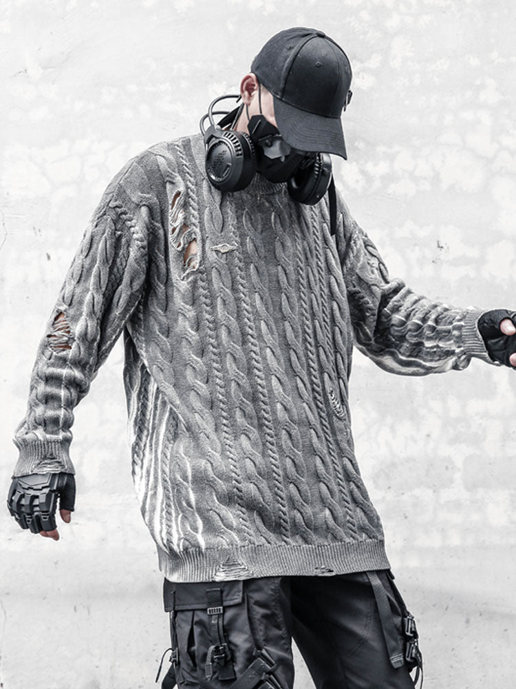 Oversized Vintage Wash Distressed Sweater - Frayed Grunge Knitwear