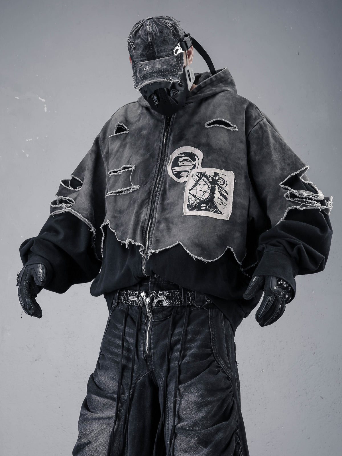 Distressed Patchwork Hooded Denim Jacket
