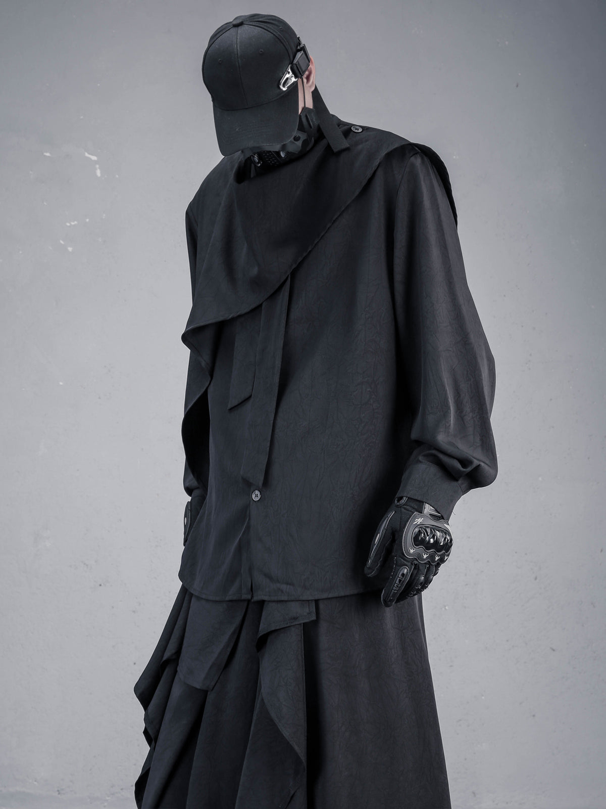 Asymmetric Scarf-Collar Long-Sleeve Shirt