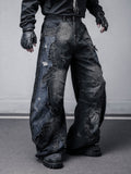 Patched Washed Distressed Wide-Leg Jeans