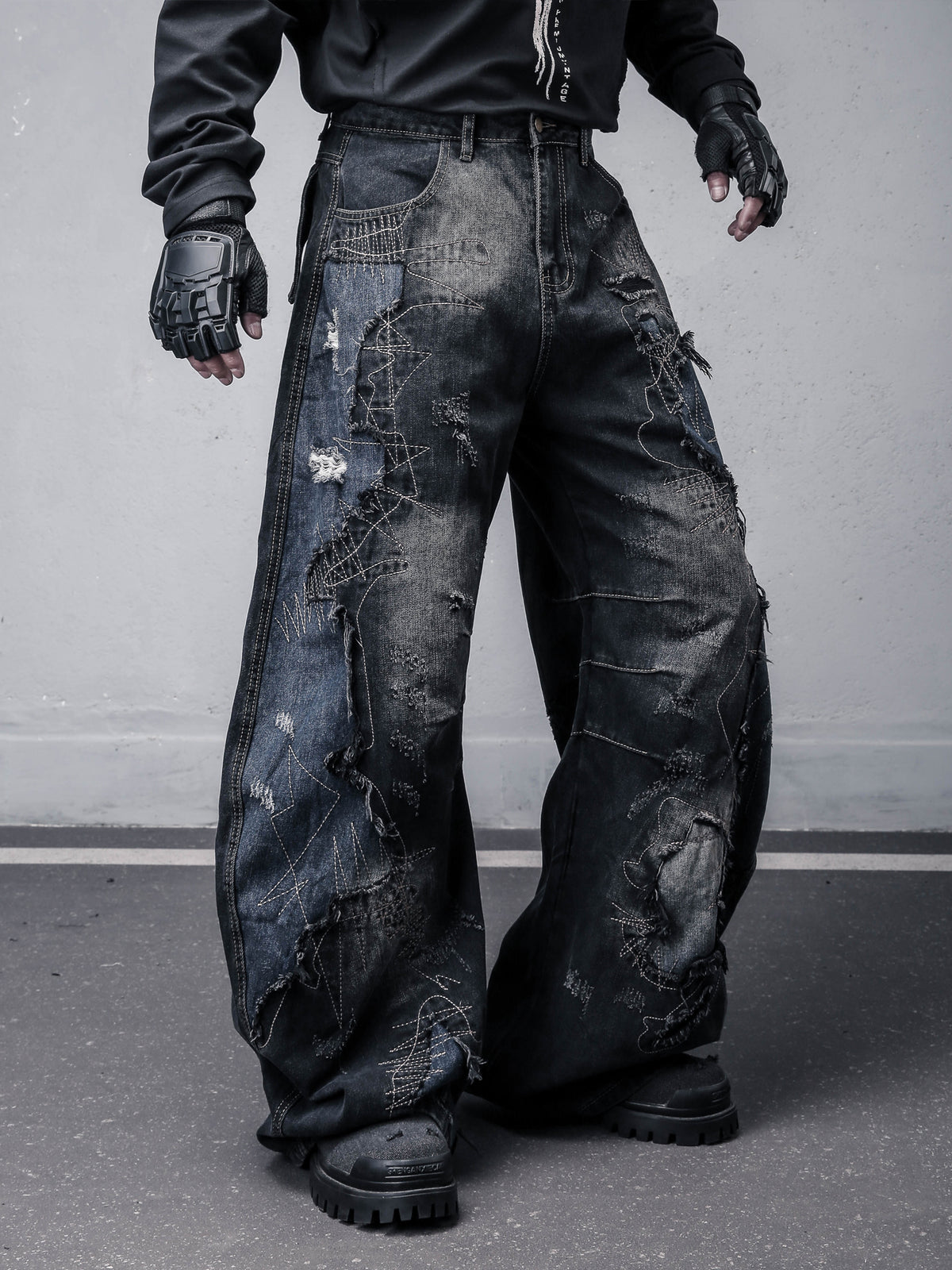 Patched Washed Distressed Wide-Leg Jeans