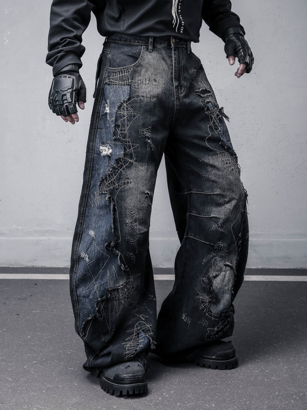 Patched Washed Distressed Wide-Leg Jeans
