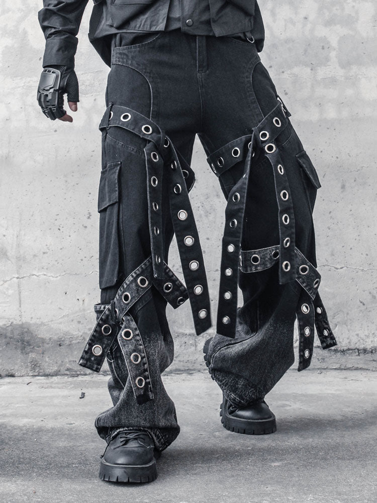 Studded Fringe Washed Denim Jeans