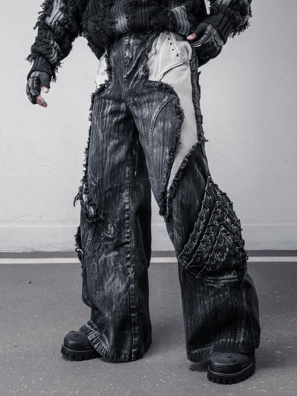 Deconstructed Two-Tone Raw Hem Jeans