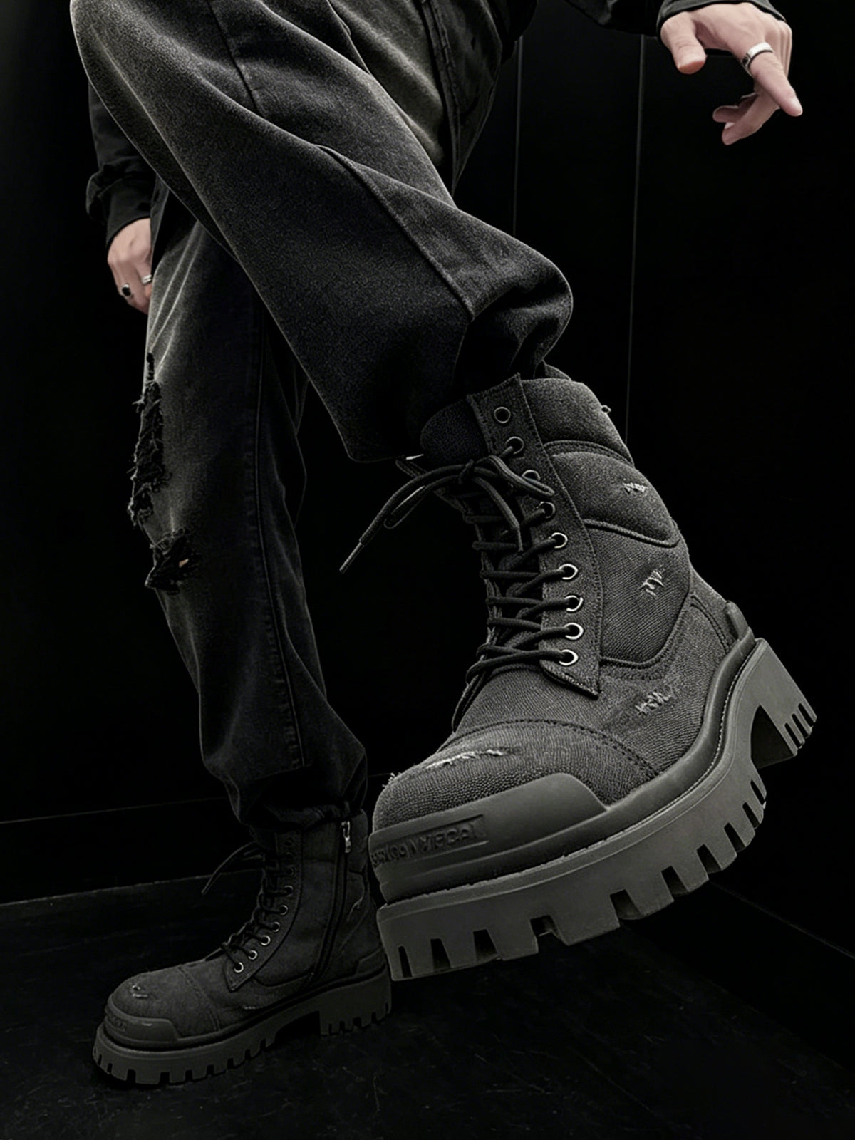 Dystopian Black Combat Boots - Edgy Chunky Ankle Boots