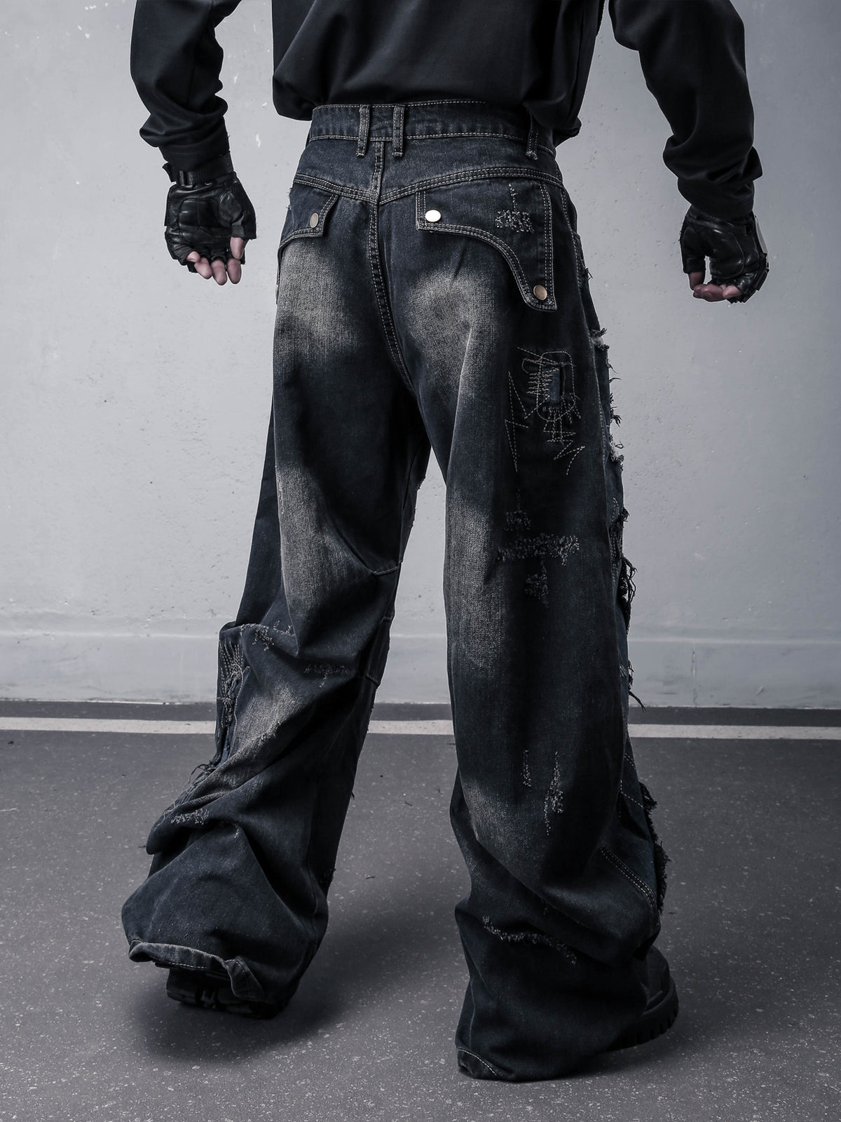 Patched Washed Distressed Wide-Leg Jeans