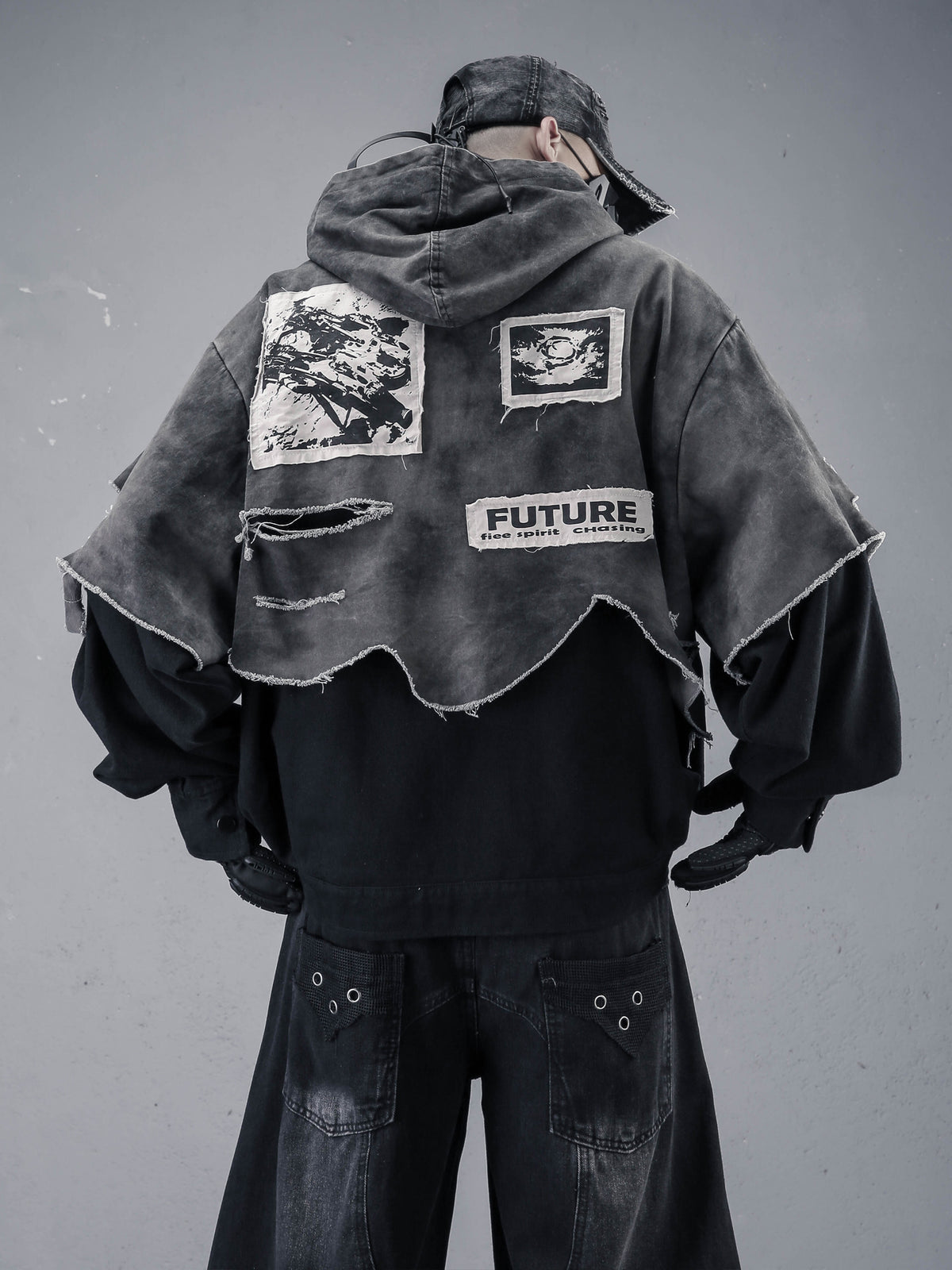 Distressed Patchwork Hooded Denim Jacket