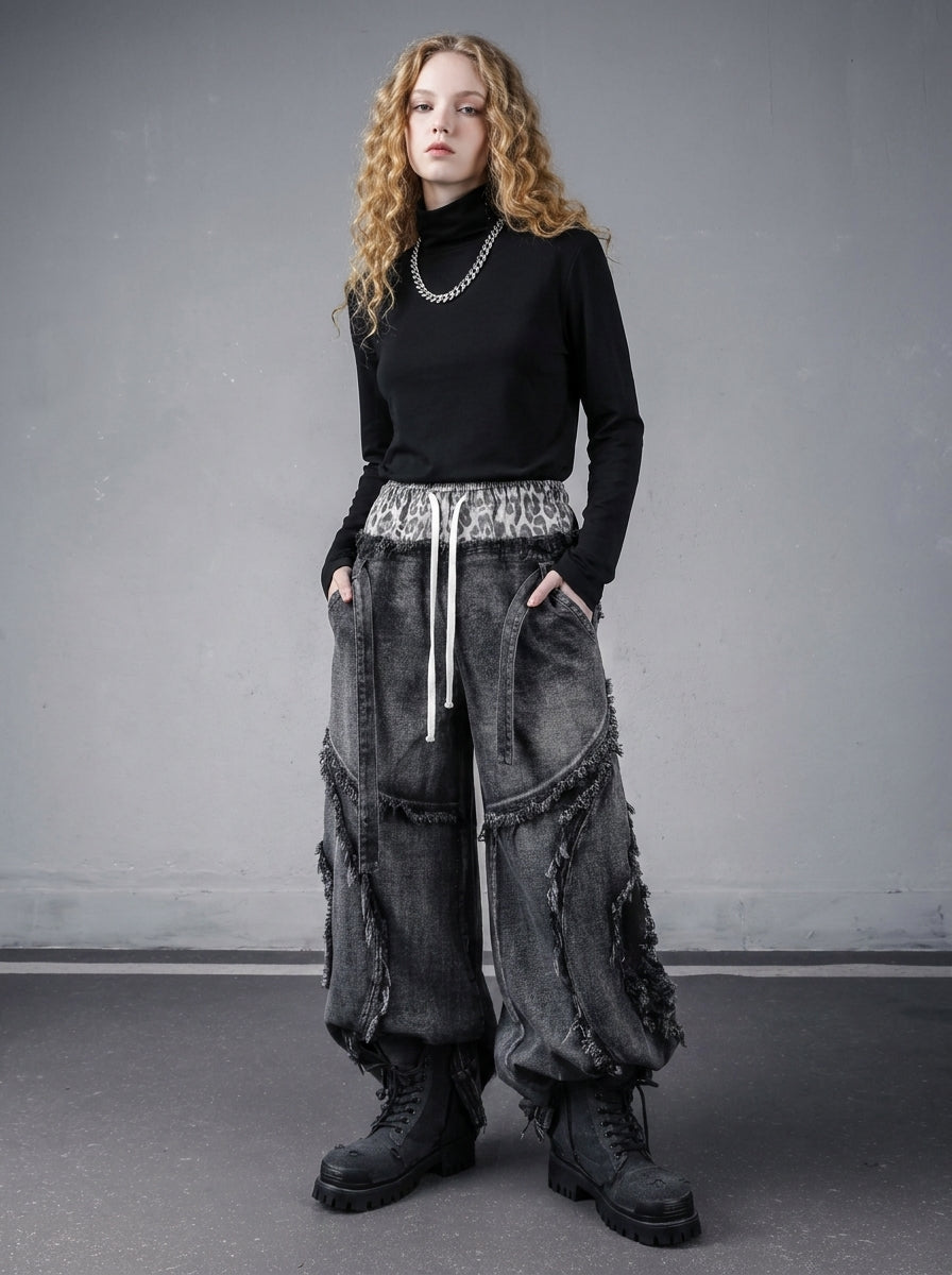 Leopard Patchwork Double-Waist Wide-Leg Jeans