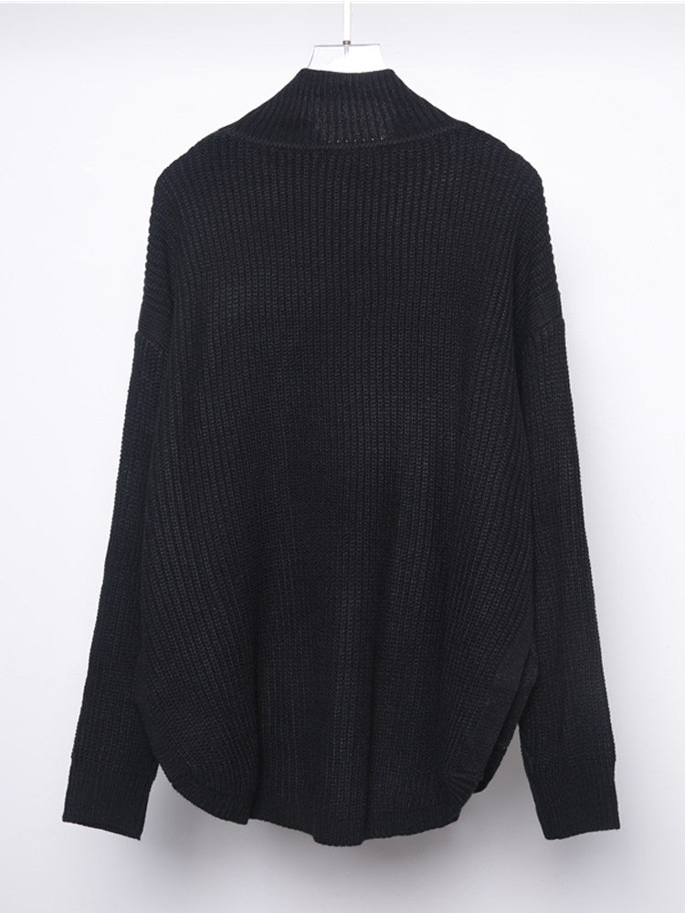Half-Collar Split-Hem Knit Sweater