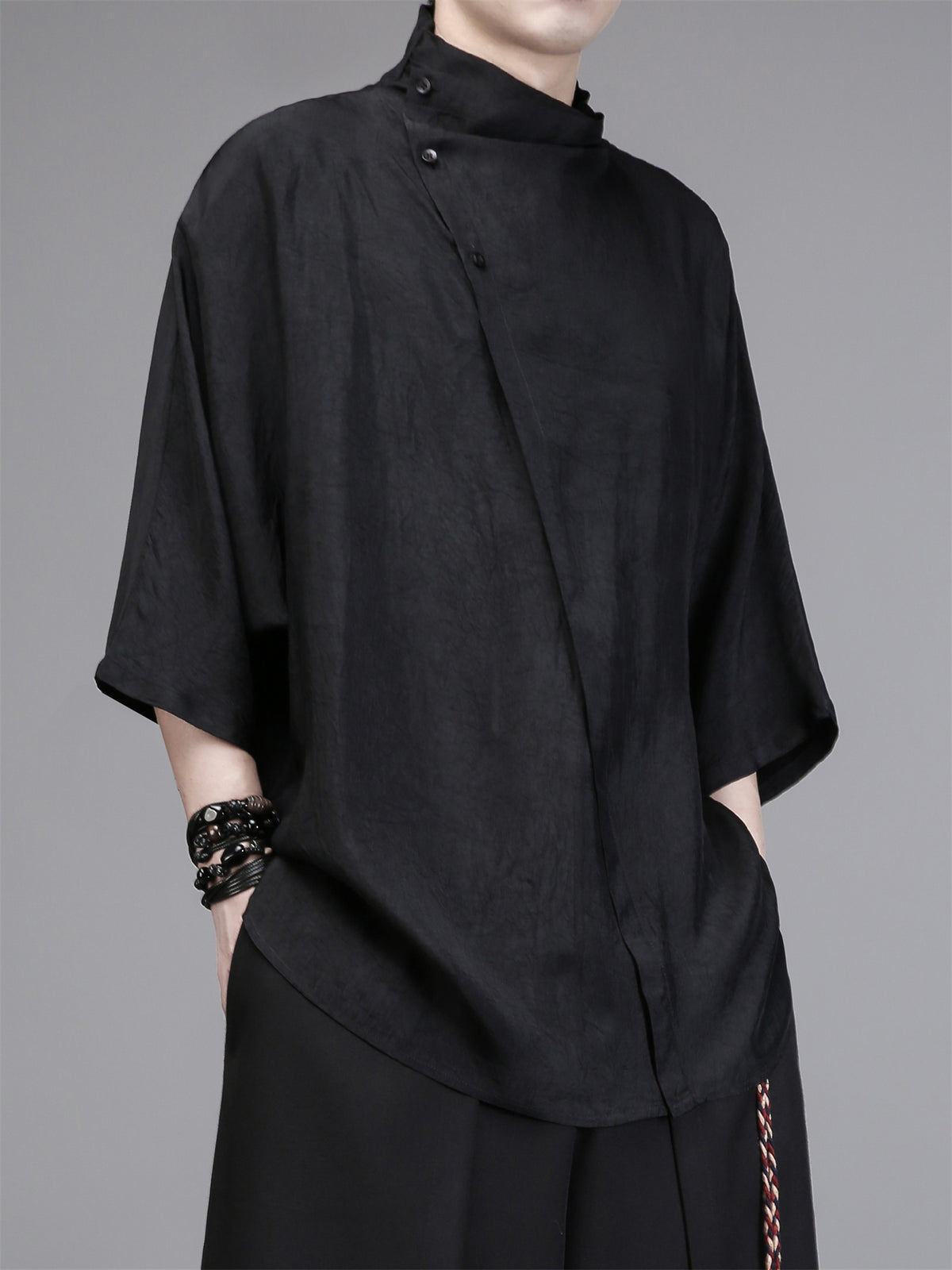 Asymmetric Stand-Collar Half-Sleeve Tee
