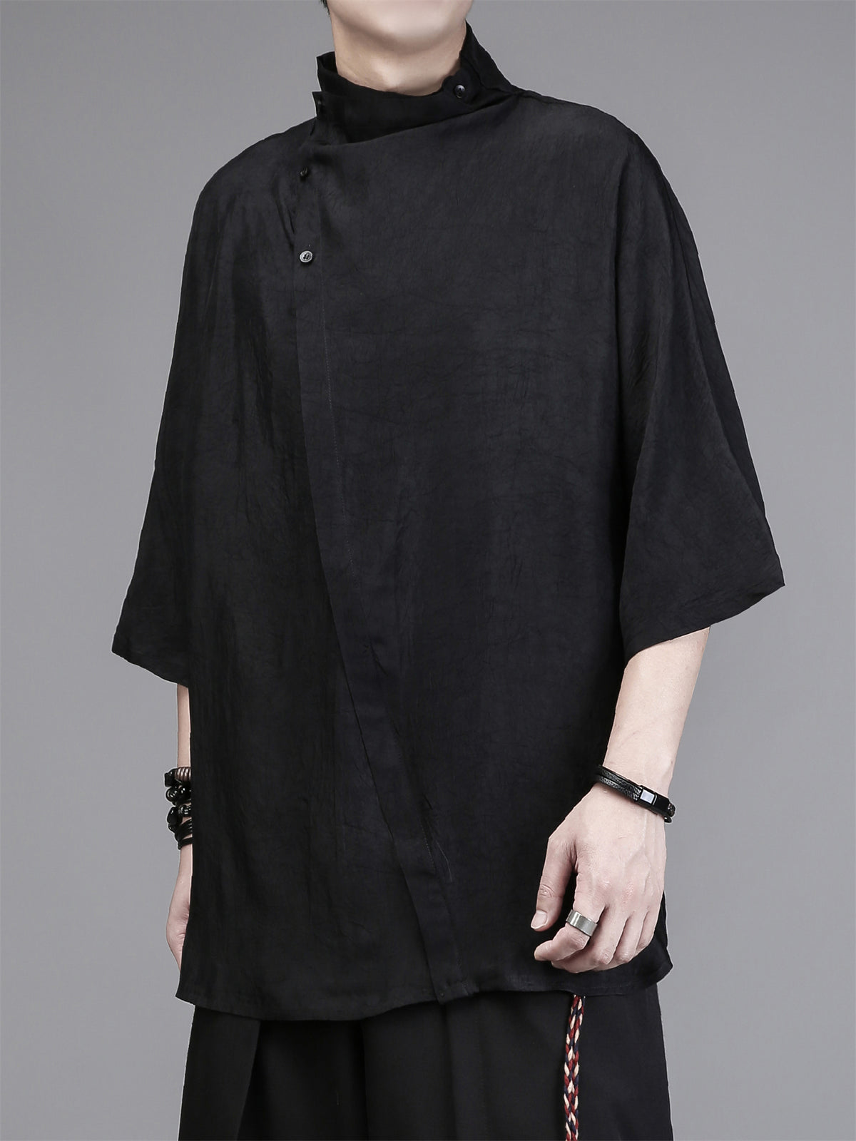 Asymmetric Stand-Collar Half-Sleeve Tee