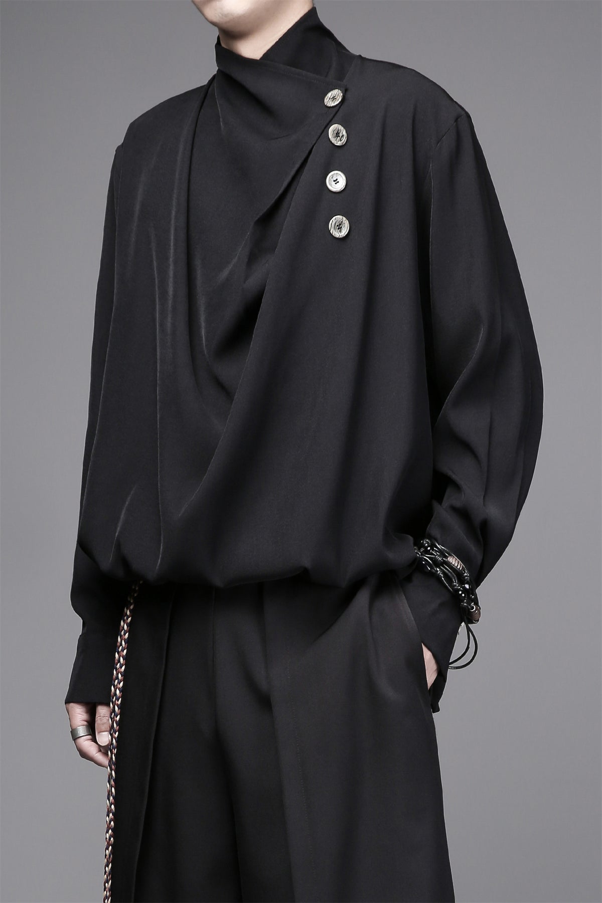 Ruched Stand-Collar Shirt