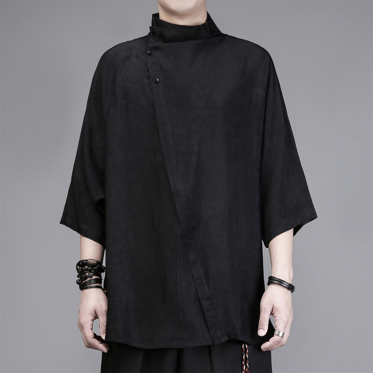 Asymmetric Stand-Collar Half-Sleeve Tee