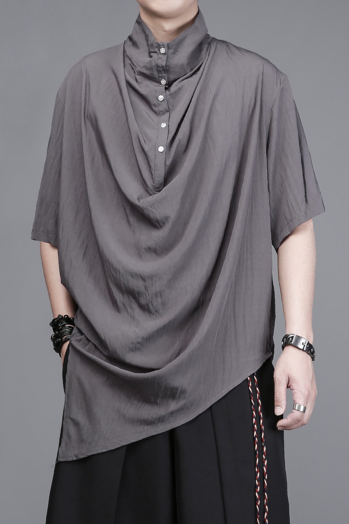 Yamamoto Stand-Collar Pleated Shirt