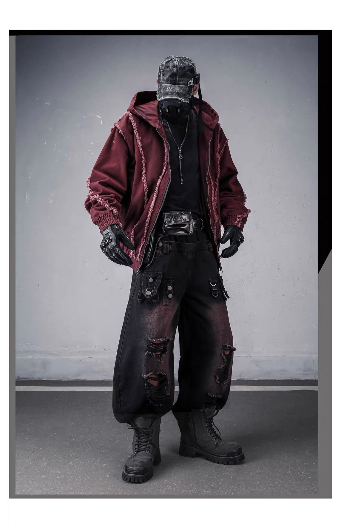 Red Hooded Distressed Denim Jacket