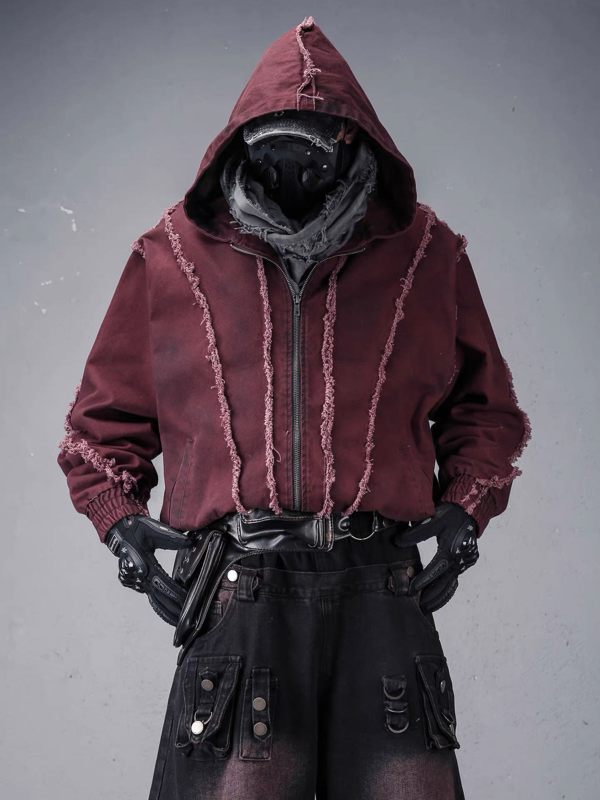Red Hooded Distressed Denim Jacket
