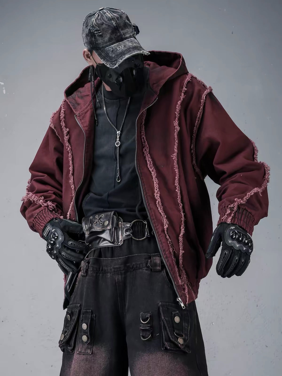 Red Hooded Distressed Denim Jacket