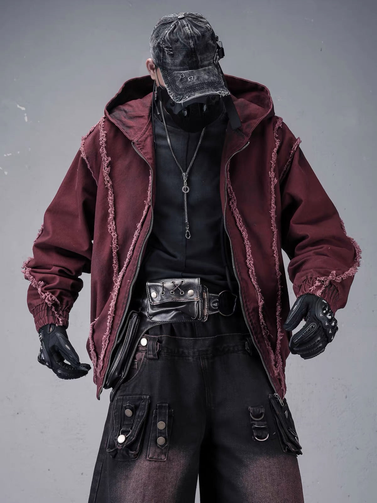 Red Hooded Distressed Denim Jacket