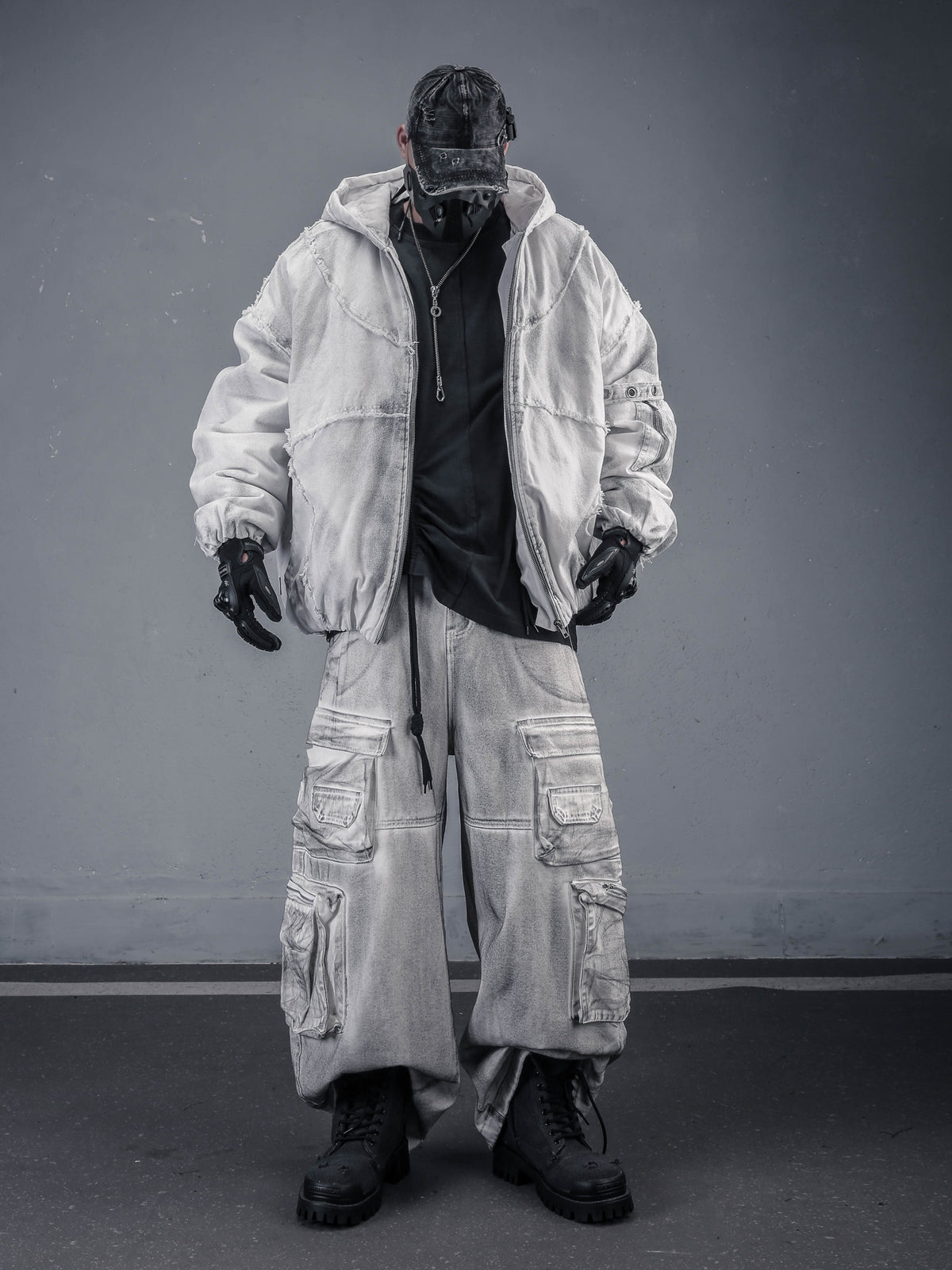 Washed Frayed Hem Oversized Puffer Jacket